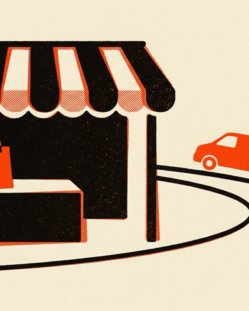 A shopfront awning with a paper shopping bag on the counter and a small delivery van driving away along a bold line