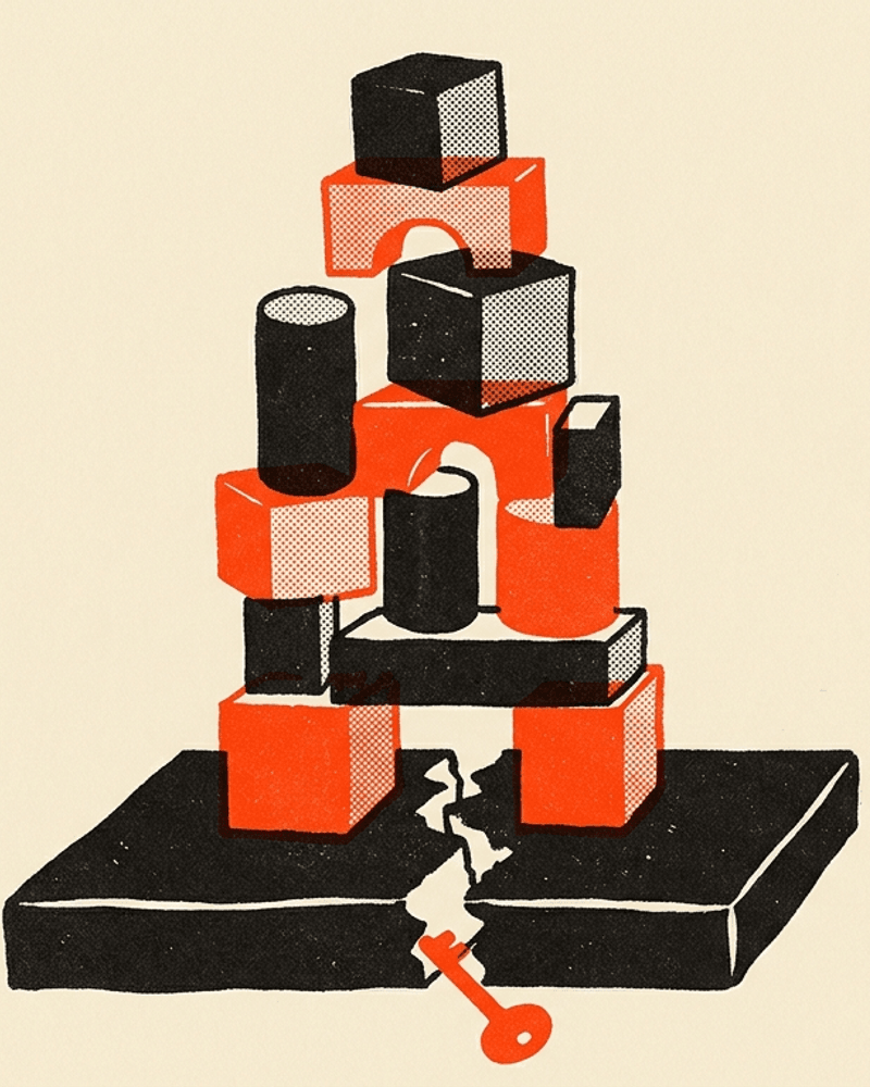 Risograph illustration of stacked blocks balanced on a cracked foundation slab with a key slipping through the crack